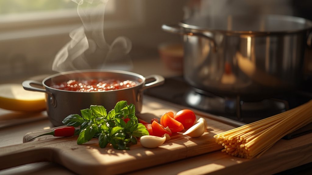 Home kitchen stove with a big pot for the spaghetti, a small pot of tomato sauce, fresh herbs, chili, tomato, garlic and dry spaghetti on a board