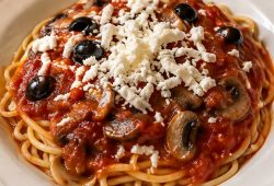 Plate of spaghetti with tomato sauce, mushrooms, black olives and crumbled feta