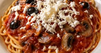Plate of spaghetti with tomato sauce, mushrooms, black olives and crumbled feta