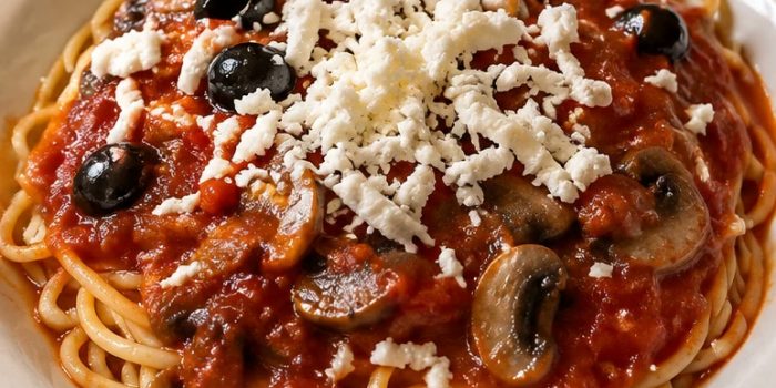 Plate of spaghetti with tomato sauce, mushrooms, black olives and crumbled feta