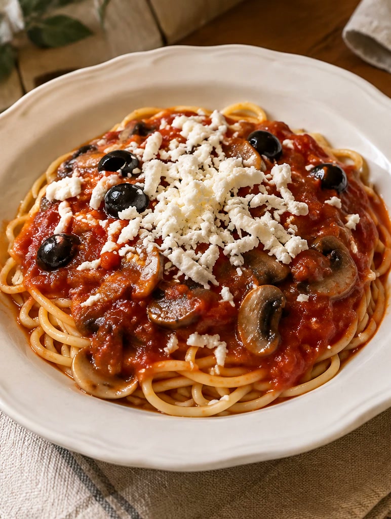 Plate of spaghetti with tomato sauce, mushrooms, black olives and crumbled feta