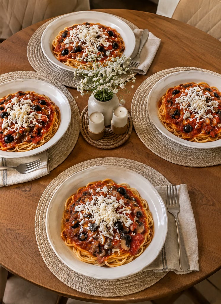 Four plates of spaghetti with tomato sauce, olives and feta on a round family table