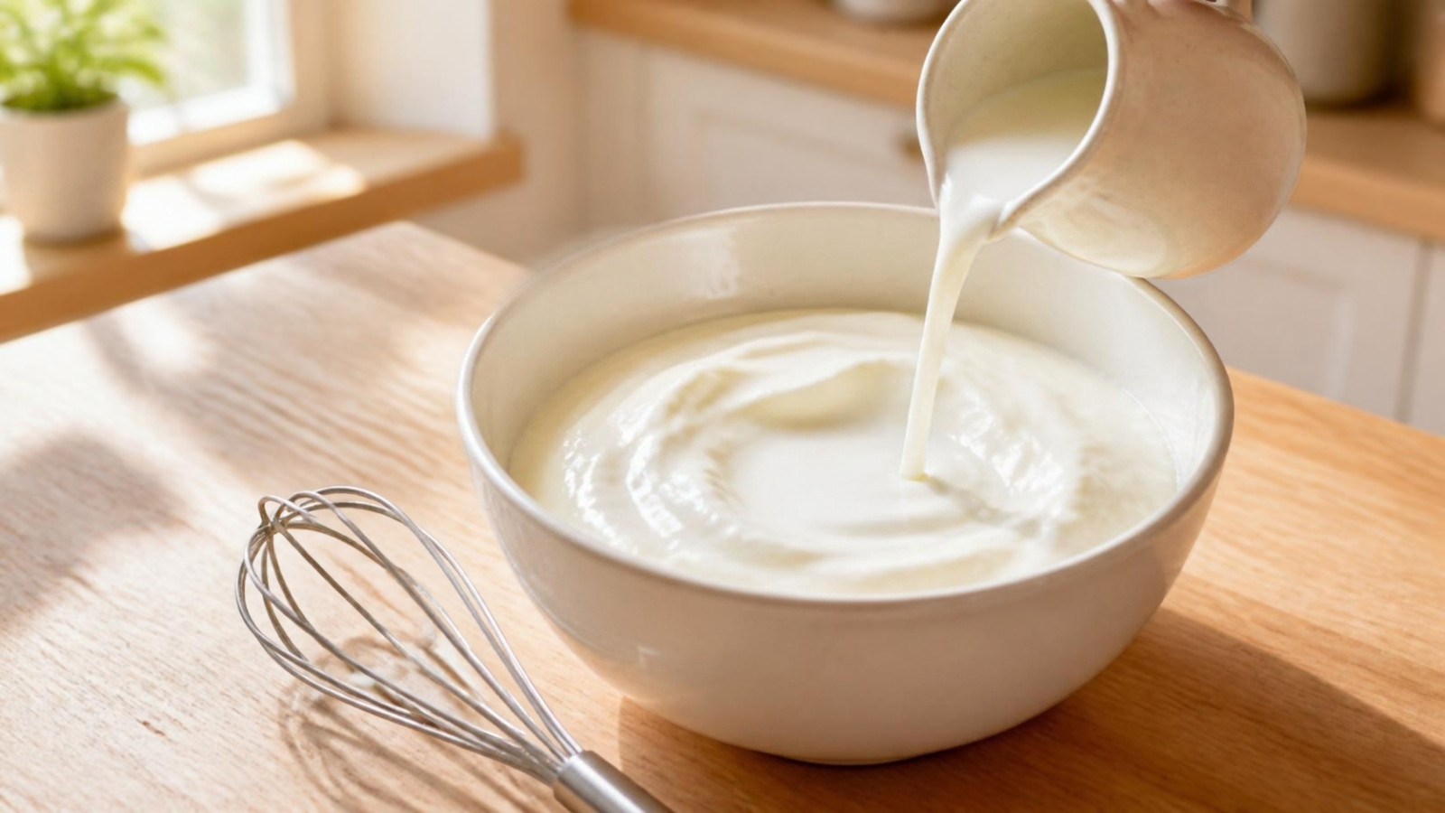 Milk poured into a bowl of plain yogurt, with a whisk beside it, to make a buttermilk substitute