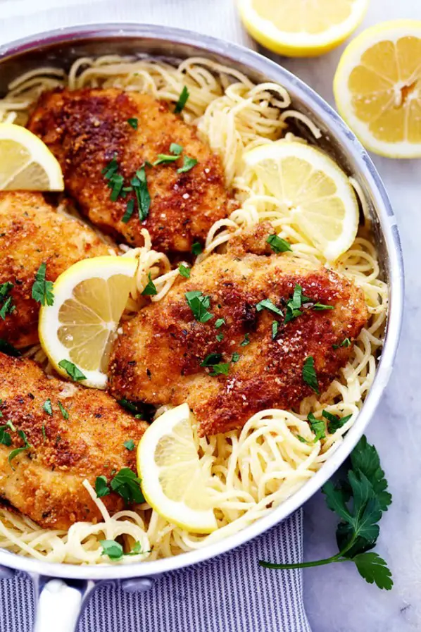 This Quick And Easy Crispy Parmesan Chicken With Creamy Lemon Garlic Pasta Recipe Is Amazing!