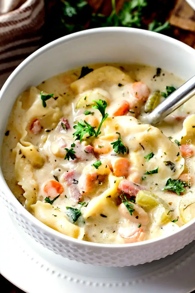 One Pot Hearty, Cozy, Creamy White Bean And Ham Tortellini Soup