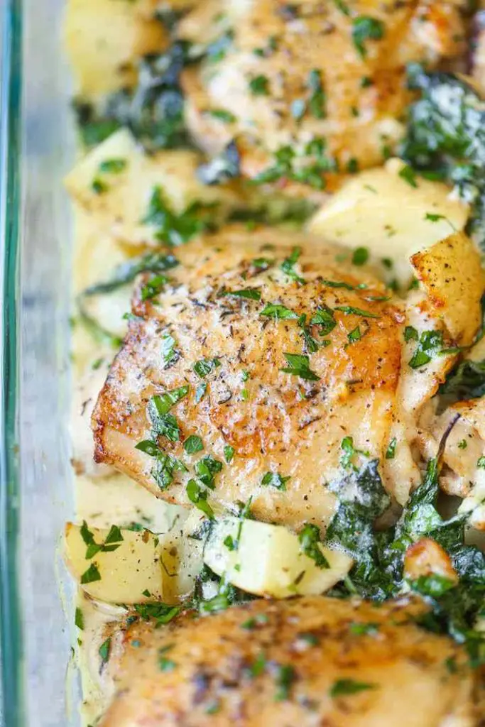 Baked Chicken and Potatoes With Garlic Parmesan Cream Sauce