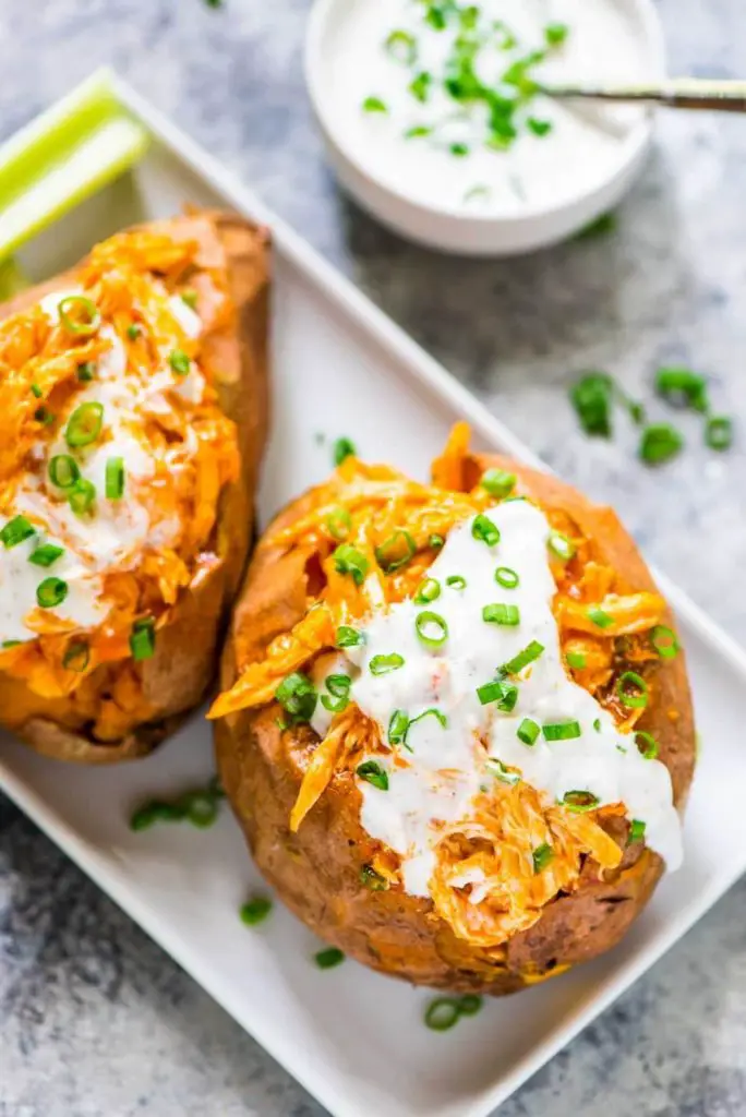 Healthy Slow Cooker Buffalo Chicken Sweet Potatoes