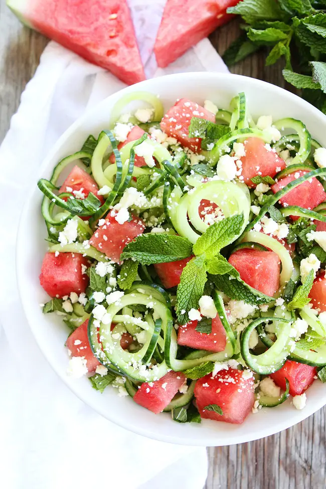 14 Summer Salad Recipe Ideas That Will Fill You Up-Cucumber Noodle, Watermelon, and Feta Salad