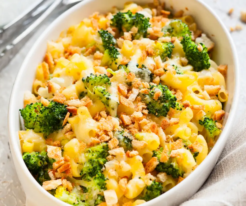 Chicken noodle casserole with fresh broccoli (or frozen broccoli) and mushroom soup